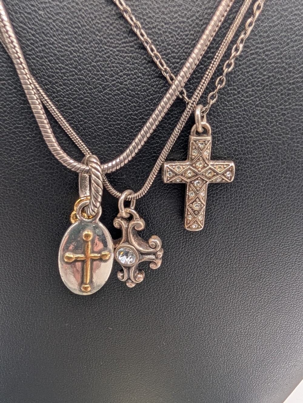 Brighton Set of 3 Tarnished Religious Charms Crosses Swavorski Cr Necklaces READ